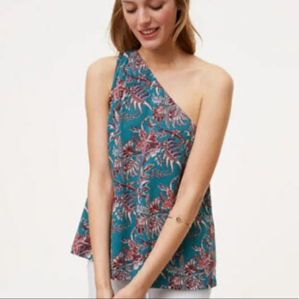 LOFT Green Floral One Shoulder Top